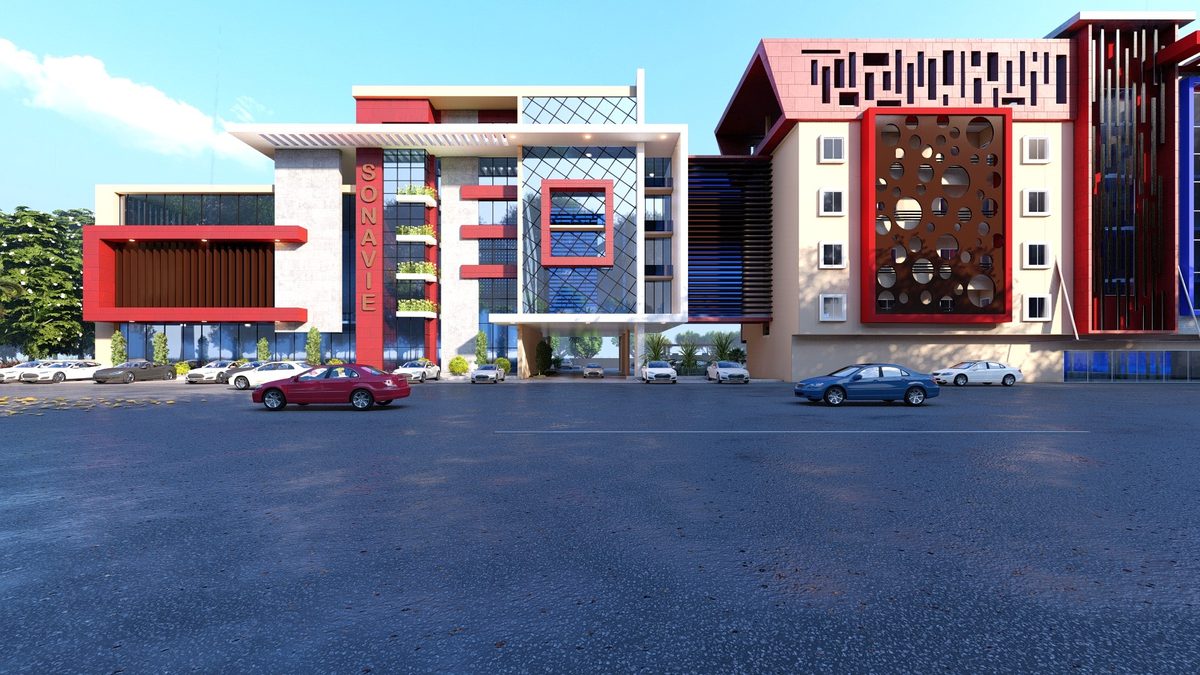 Façade du nouveau siège de la SONAVIE portant l'enseigne SONAVIE