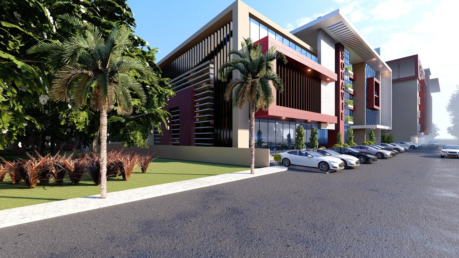 Le nouveau siège de la SONAVIE à Bamako, entouré de palmiers